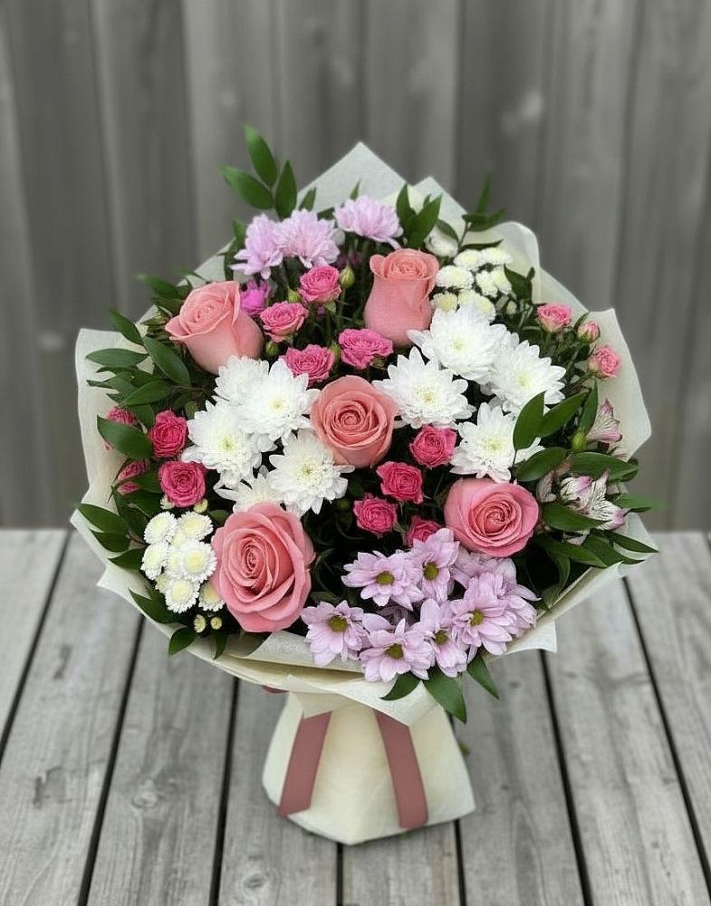Букет цветов из: Альстромерии, Гвоздики, Розы и Хризантемы в Дьяконове