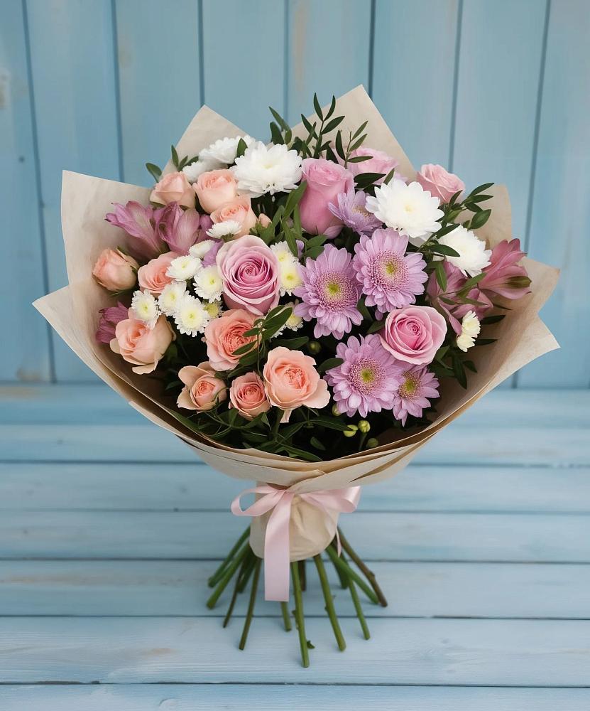 Букет цветов из: Хризантемы, Розы и Альстромерии в Дьяконове