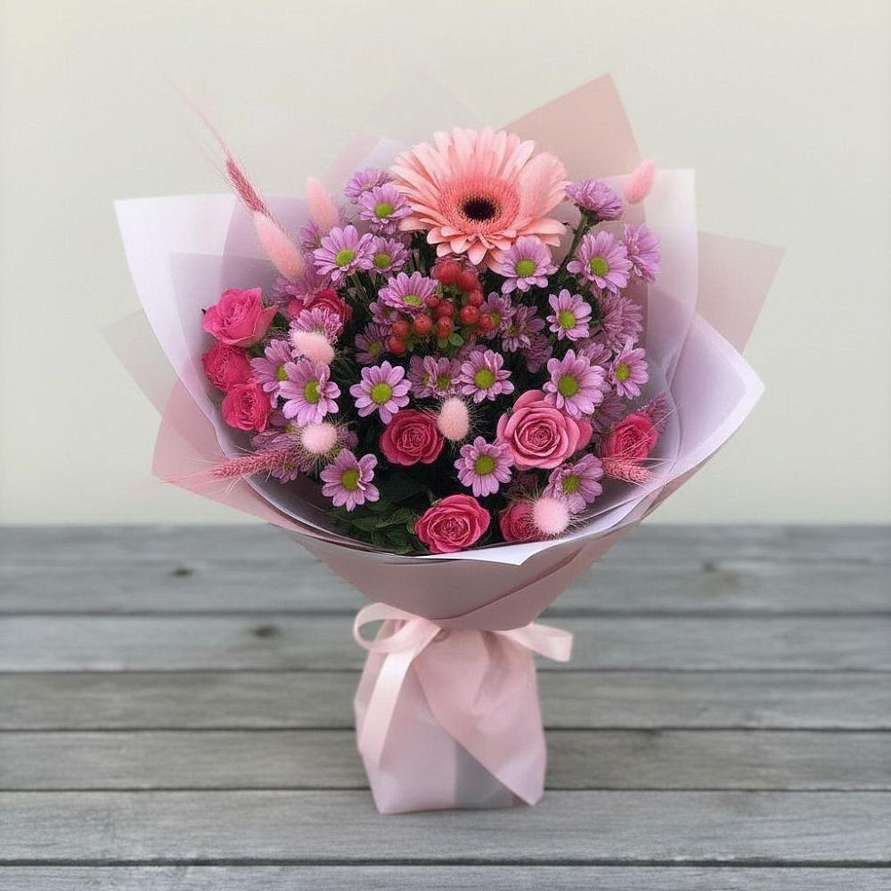 Букет цветов из: Розы, Герберы и Хризантемы в Дьяконове