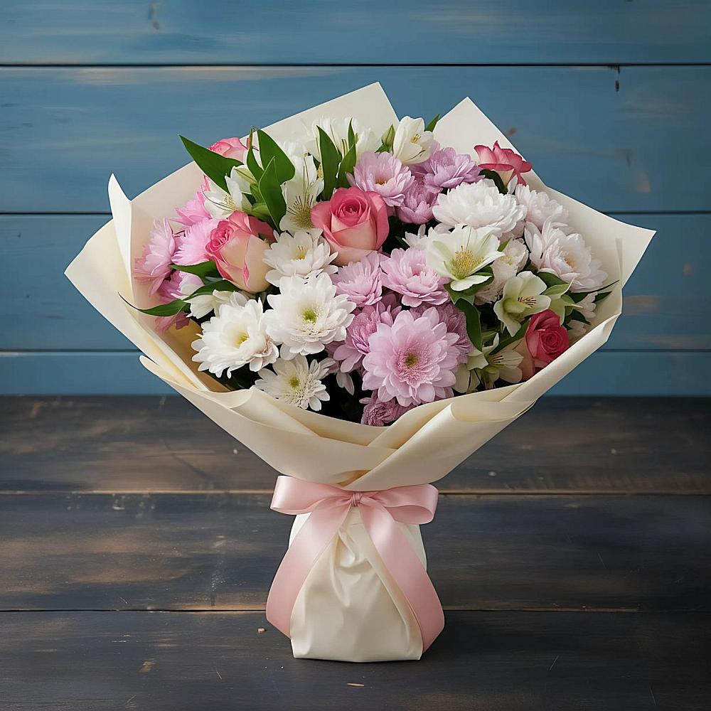 Букет цветов из: Хризантемы, Альстромерии и Розы в Дьяконове